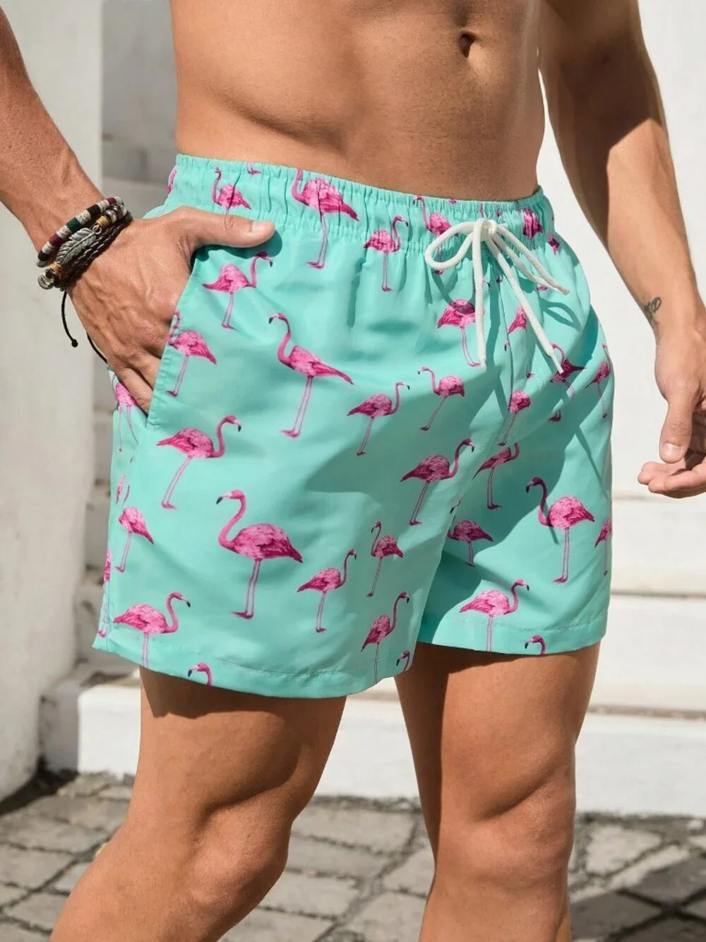 mint Green Casual Men's Swim Trunks Drawstring Stretch Flamingo Print